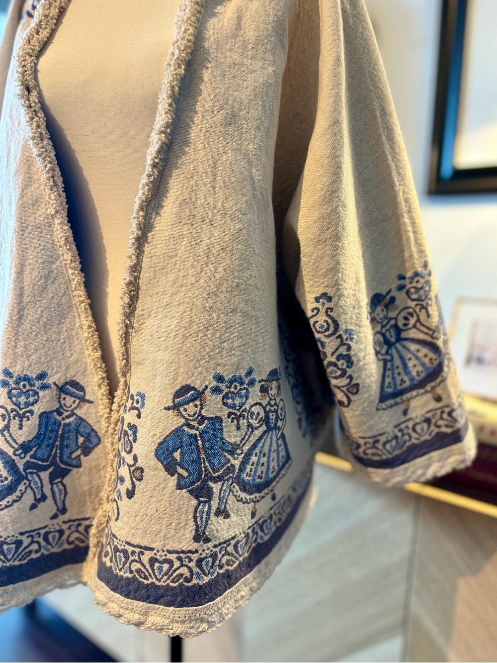 🧵 HANDMADE Embroidered Cream & Blue Boho Kimono Linen Blend Jacket O/S - Picture 7 of 15